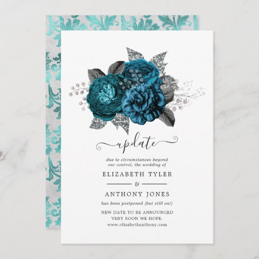 Update voor Turquoise, Black en Silver Floral Wedd Kaart (Voorkant / Achterkant)