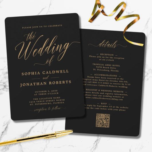 Updated Gold Calligraphy All in One Black Wedding Kaart