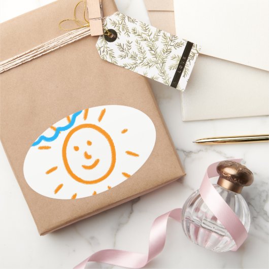 Upload Childs Drawing Draai Kinder kunstwerk naar Ovale Sticker (Geschenken)