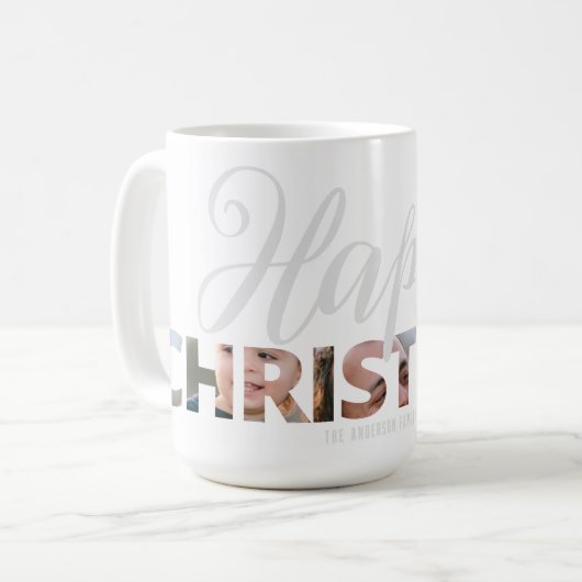Upload uw foto in de tekst Happy Christmas Koffiemok (Voorkant links)