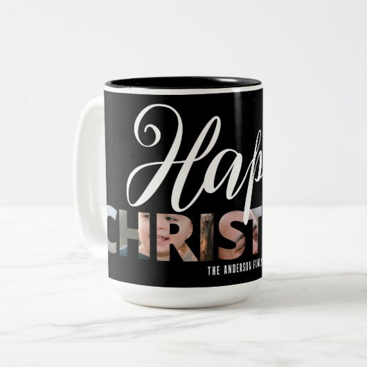 Upload uw foto in de tekst Happy Christmas Tweekleurige Koffiemok (Voorkant links)