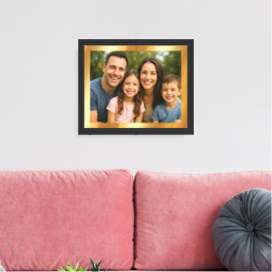 Upload uw foto op gouden achtergrond zwart frame canvas afdruk