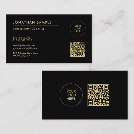 Upload uw Logo Sjabloon QR-code Zwart & Goud Visitekaartje (Voorkant / Achterkant)