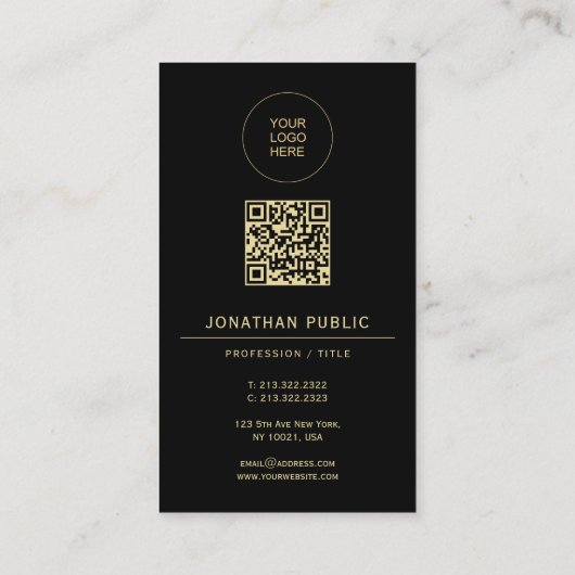 Upload Your Logo Here Modern QR Code Black & Gold Visitekaartje (Achterkant)