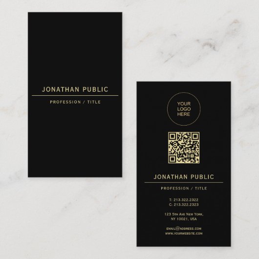 Upload Your Logo Here Modern QR Code Black & Gold Visitekaartje (Voorkant / Achterkant)