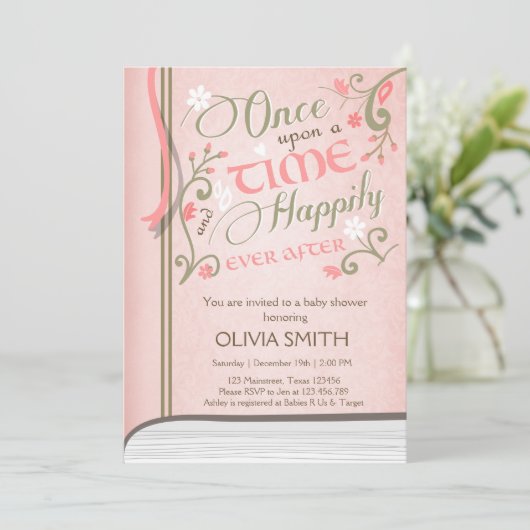 Upon a Time Storybook Baby shower uitnodiging Roze (Staand voorkant)
