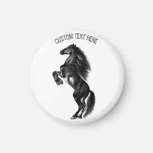 Upright Black Wild Horse - Black and White Tekenin Magneet