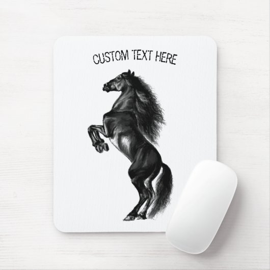 Upright Black Wild Horse - Black and White Tekenin Muismat (Met muis)