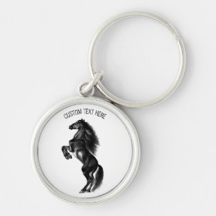 Upright Black Wild Horse - Black and White Tekenin Sleutelhanger