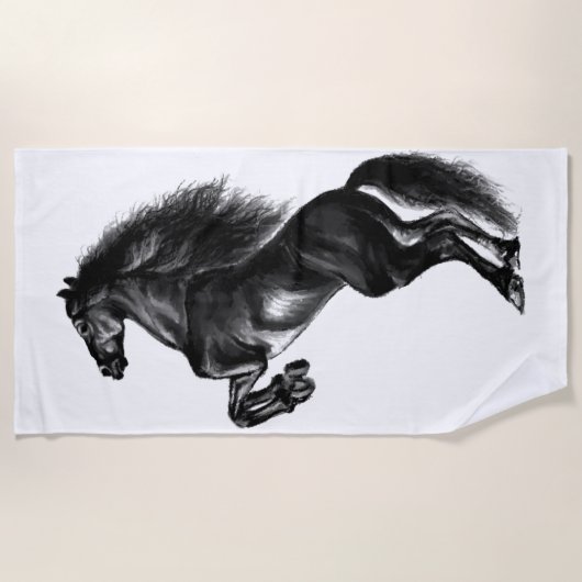 Upright Black Wild Horse - Black and White Tekenin Strandlaken (Voorkant)