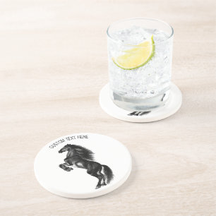 Upright Black Wild Horse - Black and White Tekenin Zandsteen Onderzetter