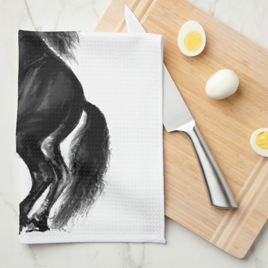 Upright Black Wild Horse Kitchen Towel Jouw tekst Theedoek (Quarter Fold)