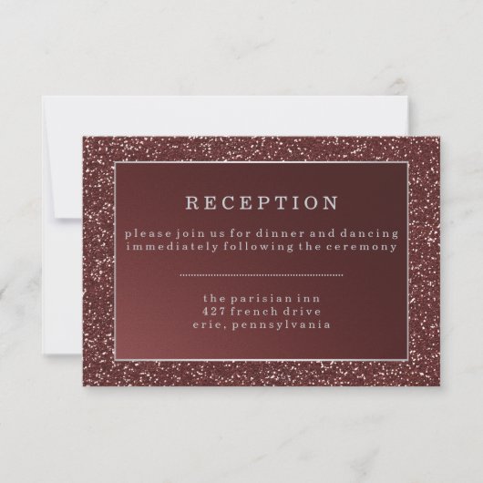 Upscale Marsala Glitter Look Bruiloft Receptie RSVP Kaartje (Voorkant)