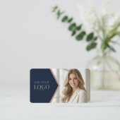 Upscale Navy Blue & Gold Geometric Business Visitekaartje (Staand voorkant)