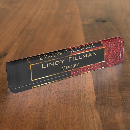 Upscale Red Glitter en Black Naambordje (Zijkant)