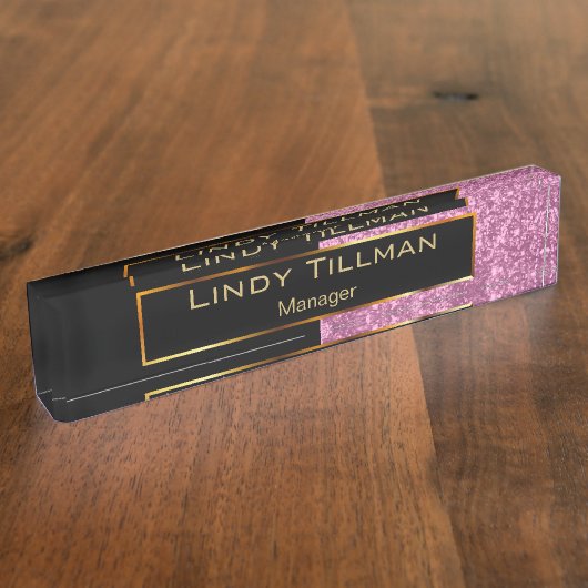 Upscale roze glitter en zwart naambordje (Zijkant)