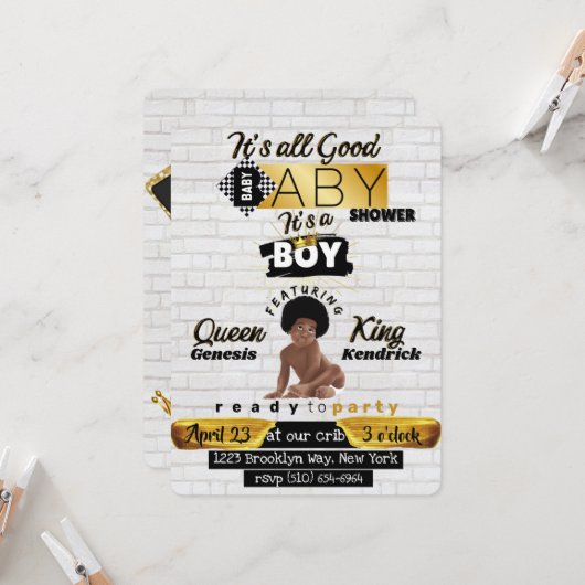 Urban Afro Baby Boy | Hip Hop Retro Baby shower Kaart (Voorkant / Achterkant in situ)
