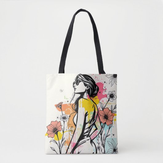 Urban Bloom: Double-Sided Graffiti & Botanical Art Tote Bag (Voorkant)