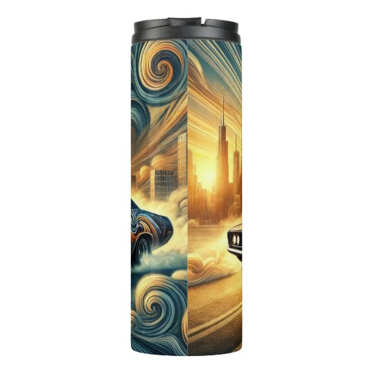 Urban Car Fusion tegen futuristisch stadsbeeld Thermosbeker (Achterkant)