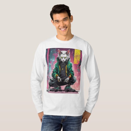 Urban Cyberpunk Cat Rebel T-shirt (Voorkant volledig)