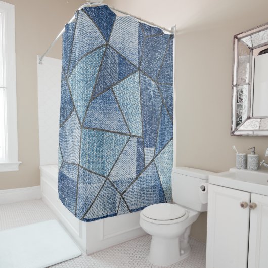 Urban Denim: noodlijdende patchwork ontwerp Douchegordijn (In situ)
