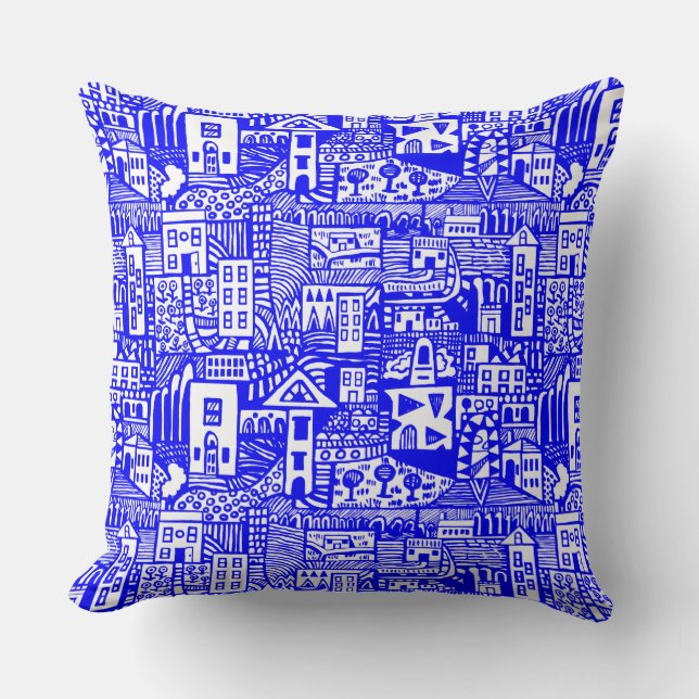 Urban Dream - Blue on White Kussen (Voorkant)