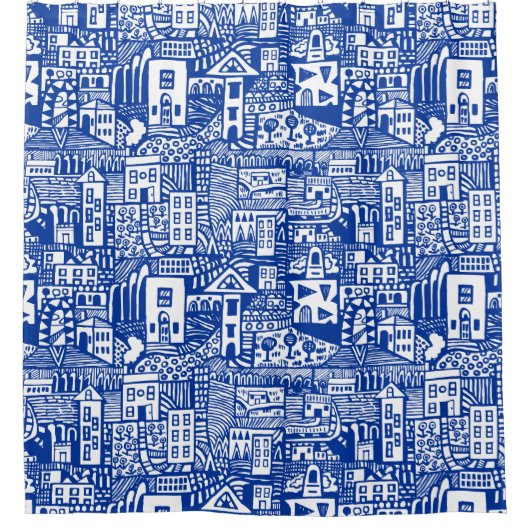 Urban Dream - Navy Blue op White Douchegordijn (Voorkant)