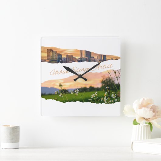 Urban Escape Artist City naar Natuur Sunset Design Vierkante Klok (Huis)
