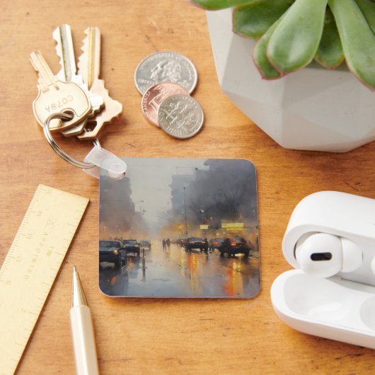 Urban Evening Rain Scene Sleutelhanger (Bureau)