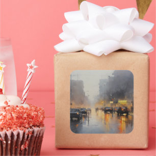 Urban Evening Rain Scene Vierkante Sticker