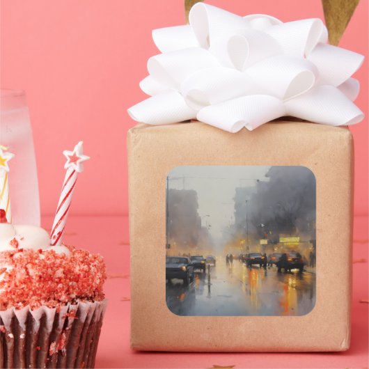 Urban Evening Rain Scene Vierkante Sticker (Feest)