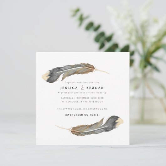 Urban Feather Bruiloft uitnodigen Kaart (Staand voorkant)