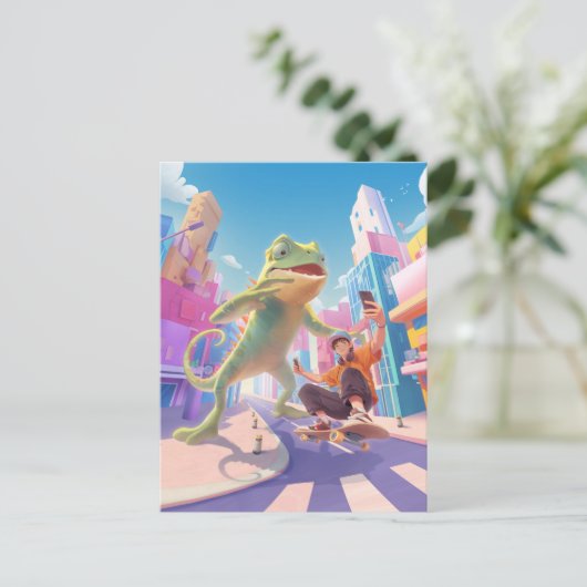 Urban Glide: Reuzekameleon Skater Selfie Briefkaart (Staand voorkant)