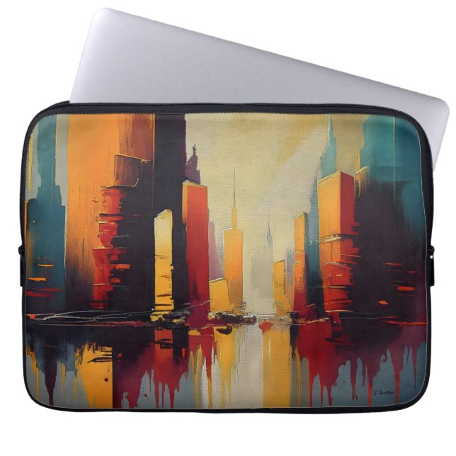 Urban Pulse – Abstracte Stad in Verticale Ritme Laptop Sleeve (Voorkant)