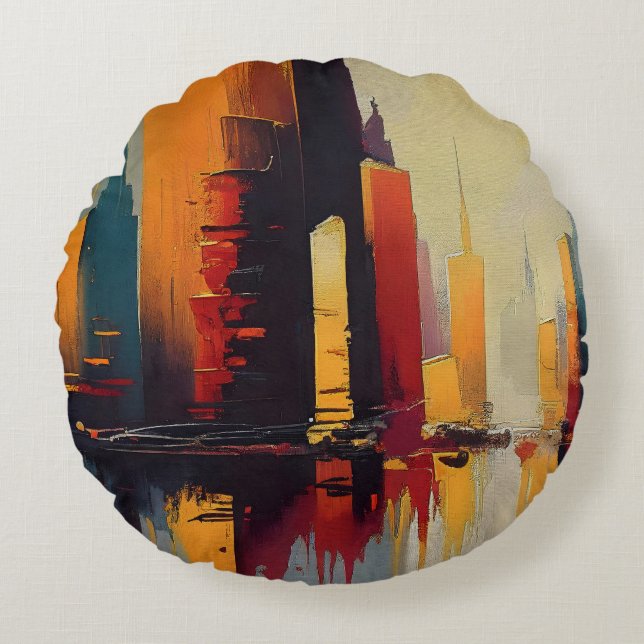 Urban Pulse – Abstracte Stad in Verticale Ritme Rond Kussen (Voorkant)