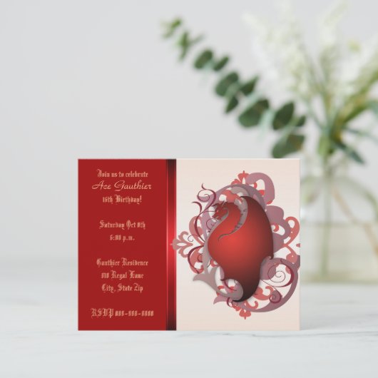 Urban Red Fantasy Dragon Birthday Party Invite Kaart (Staand voorkant)