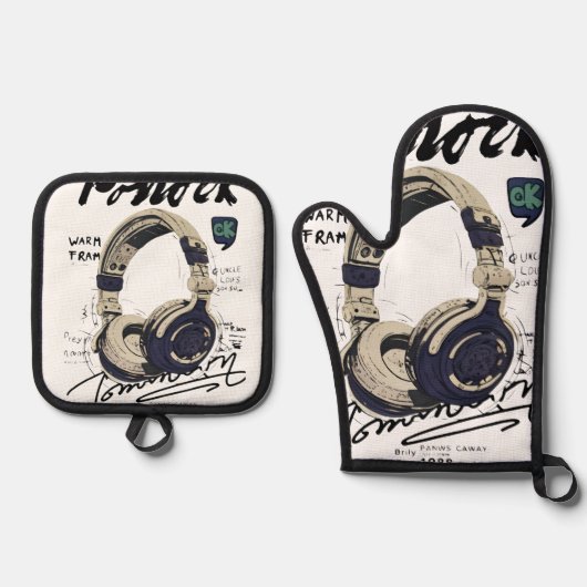 Urban Retro Headphone Vibe Illustration Ovenwant & Pannenlap Set (Voorkant)