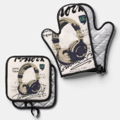 Urban Retro Headphone Vibe Illustration Ovenwant & Pannenlap Set (Voorkant / Achterkant)