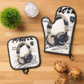 Urban Retro Headphone Vibe Illustration Ovenwant & Pannenlap Set (Top down)