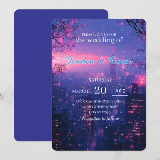 Urban Skyline met Twilight Hues bruiloft Kaart (Voorkant / Achterkant)