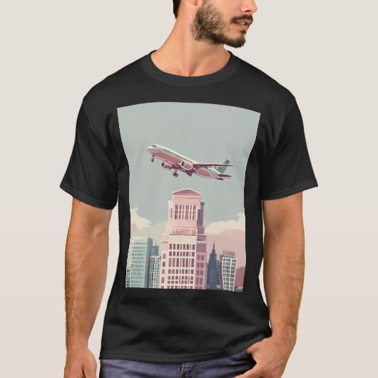Urban Skyline Vliegtuig Landing Graphic T-shirt (Voorkant)