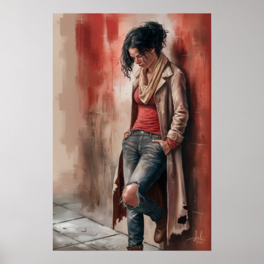 Urban Solitude: Figure Against the Red Wall Poster (Voorkant)