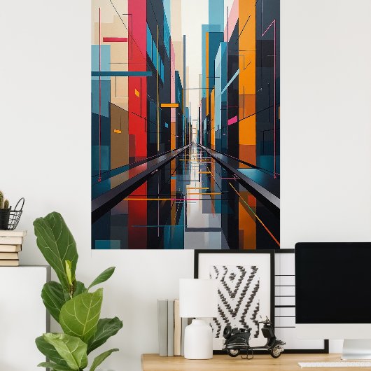 Urban Symphony: Geometric City Rhythm Abstract Poster (Thuiskantoor)