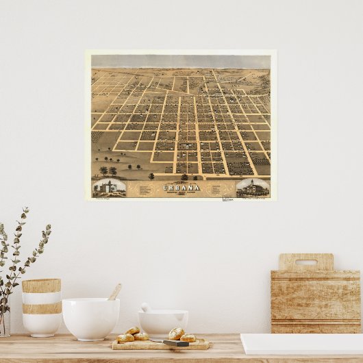 Urbana Illinois 1869 Antiek Panoramic Map Poster (Keuken)