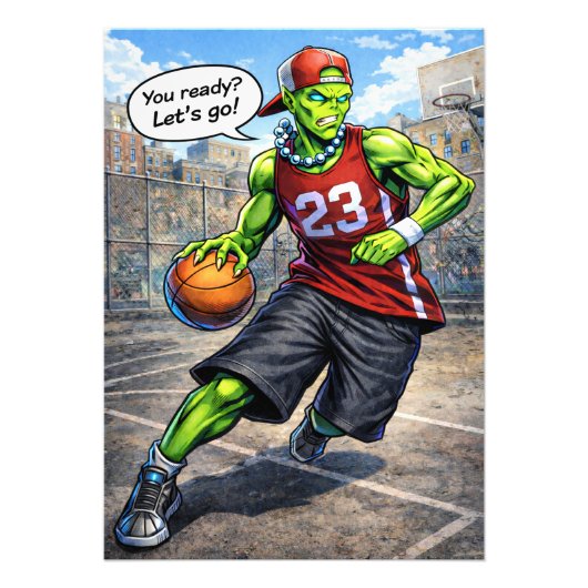 Urbane Buitenaardse Basketbalspeler - Comic Stijl Foto Afdruk (Voorkant)
