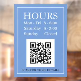 Uren open teken, QR-code, Berichtblauw zwart wit Raamsticker
