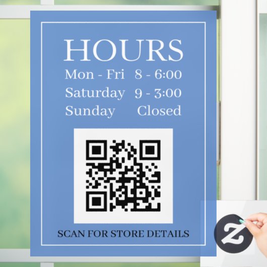 Uren open teken, QR-code, Berichtblauw zwart wit Raamsticker (Huis)