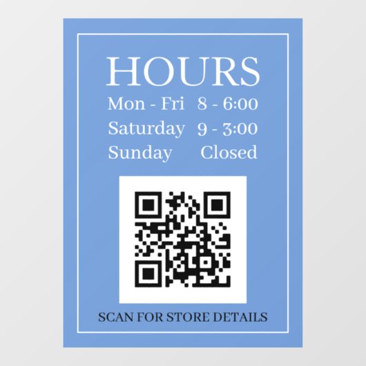 Uren open teken, QR-code, Berichtblauw zwart wit Raamsticker (Vel)