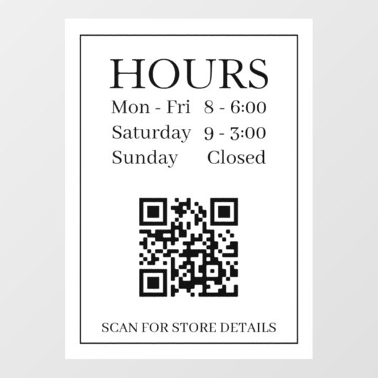 Uren open Teken, QR Code, Berichttekst Zwart Wit Raamsticker (Vel)