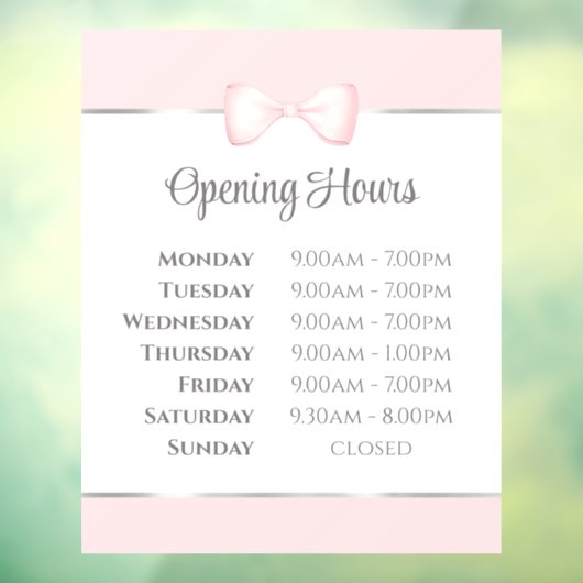 Uren Roze Strik Openingstijden Raamsticker (Vel 3)
